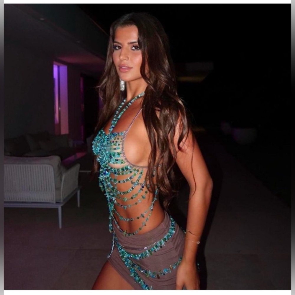 Mew Mews Beaded bralette with silver accents and matching beaded sarong/skirt